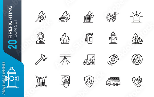 Set of Firefighter Line Icons. Fireman, Evacuation Plan, Hydrant and more.