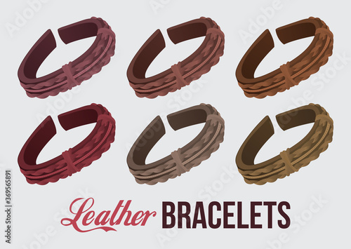 Classic vintage leather handmade realistic bracelets set. Wrist vector accessories. Design for print, emblem, t-shirt, sticker, logotype.