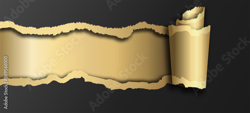 Ripped rolled black paper revealing a golden background . Vector realistic illustration