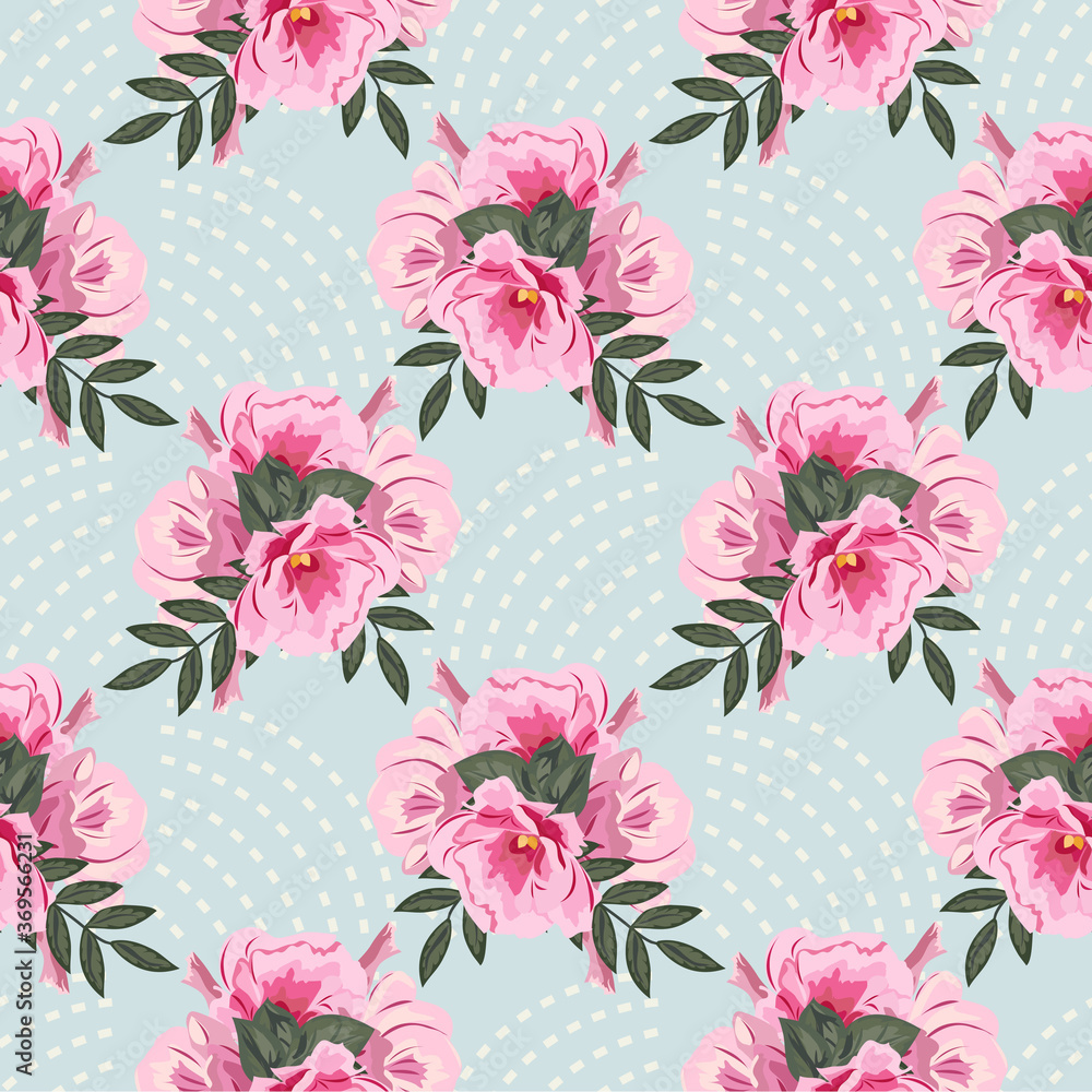 Seamless pattern with cute pink flowers and geometric ornament. Floral background for printing on fabric, clothing, home textiles, wallpaper, gift wrapping. Seamless pattern with cute pink flowers and geometric ornament. Floral background for printing on fabric, clothing, home textiles, wallpaper, gift wrapping.