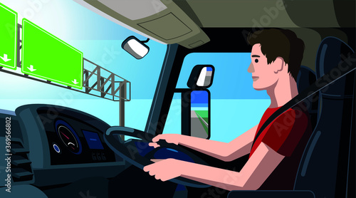 Trucker vector illustration, truck driver sitting in his cab, at the driving wheel, young worker drives the truck along the highway, view from inside the truck cabin