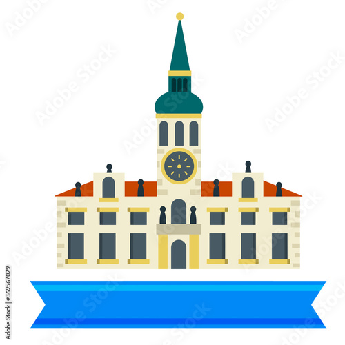 Loreta. Prague tourist attraction. Czech architecture. Travel to Europe. Christian Church and Palace. Old town. Beautiful house and building. Baroque style. Flat cartoon