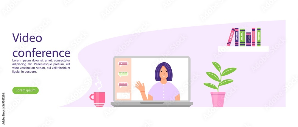 Video conference landing. Female character on the laptop screen. Online communication concept. Vector illustration in cartoon style. Video conference landing. Female character on the laptop screen. Online communication concept. Vector illustration in cartoon style.