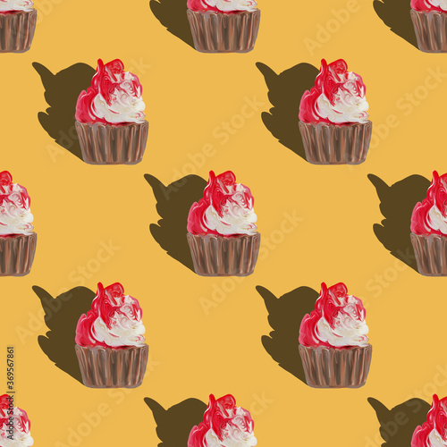 Yellow Seamless pattern big cupcakes silhouettes  muffin sweet white cake and red on top painted with gouache. Texture with sweets for desktop wallpaper or culinary blog website. junk food concept
