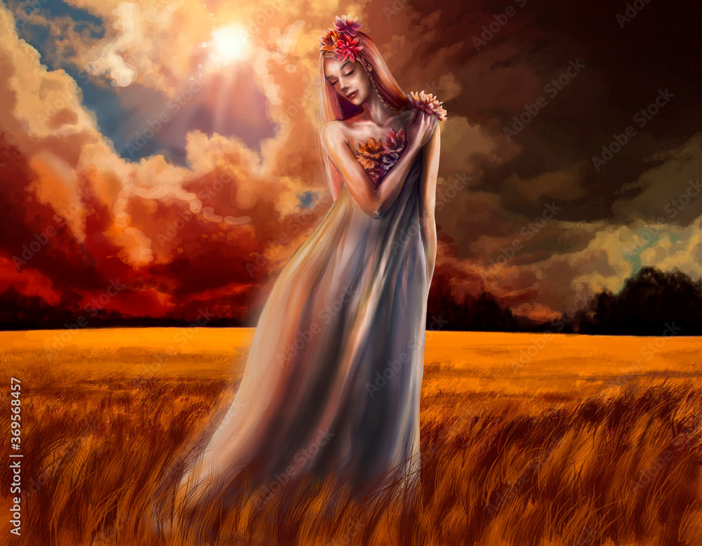 Digital illustration with a young woman against sunset.