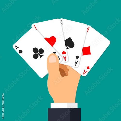 Hand holding four aces poker cards isolated on green background. Playing card. Vector illustration. in trendy cartoon style.	