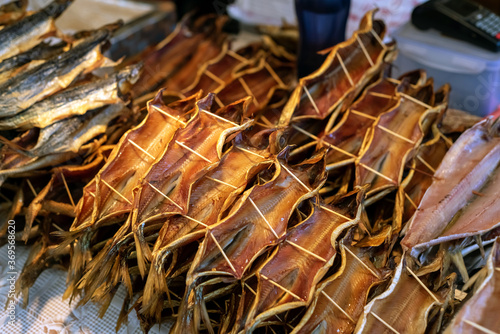 Smoked fish at the street market on lake Baikal. photo