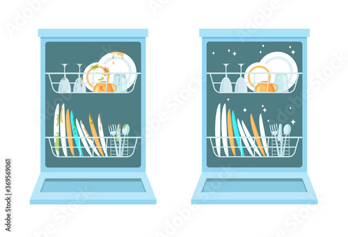 Open dishwasher with clean and dirty dishes. Different kitchen household utensils before and after washing. Vector illustration in a trendy flat style.