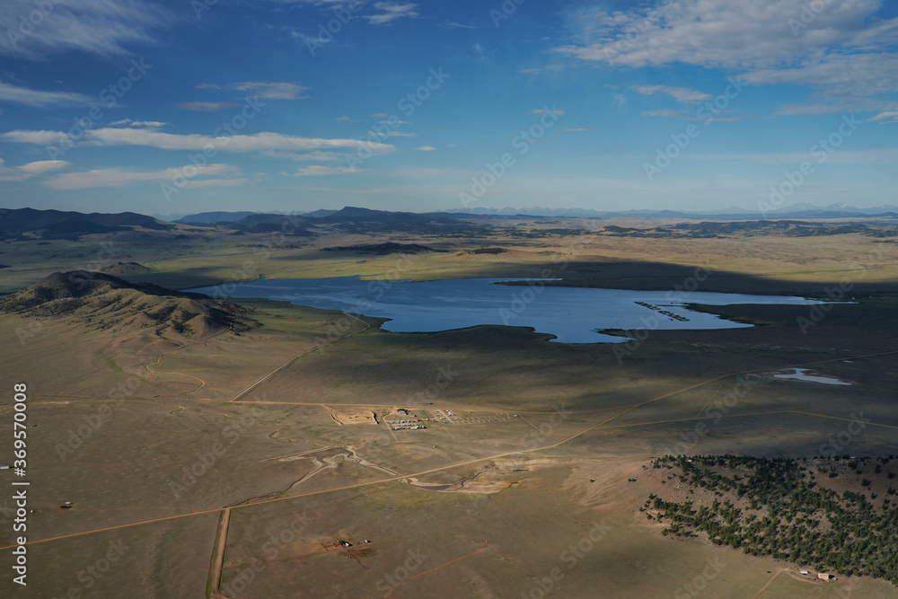 Lake from hot air balloon. Colorado balloon ride showcases fourteeners and vast landscapes