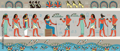 Colorful frieze or panorama banner depicting ancient Egyptians around a woman seated on a throne, colored vector illustration
