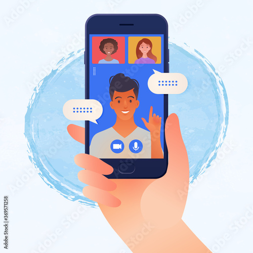 Smartphone online meeting between young man and woman via a video call. Vector illustration.