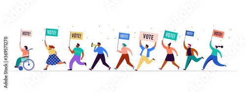 Group of people, walking with flags to elections. Crowd of women and men at a demonstration. Concept for election campaign, voting theme vector background. 