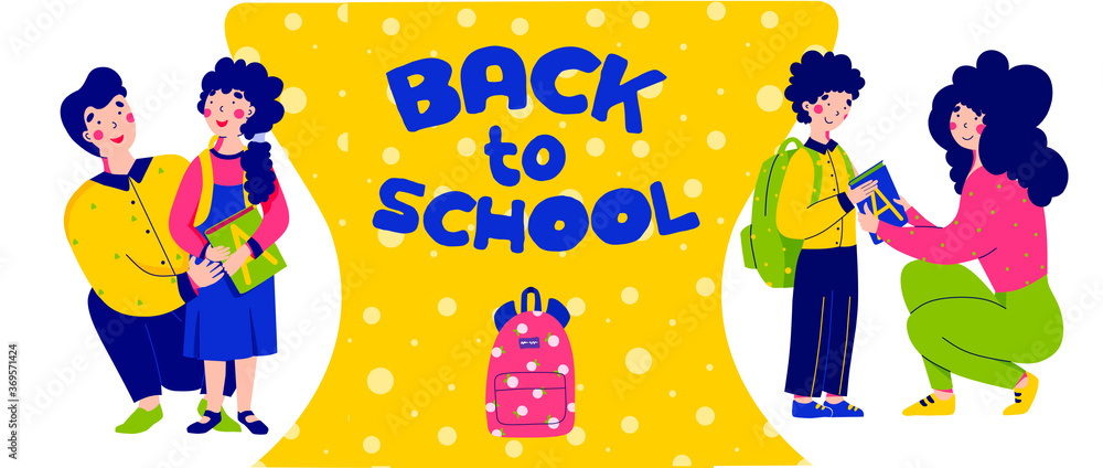 Back to school, mom and son, Dad escorts daughter, flat vector character illustration. Back to school, mom and son, Dad escorts daughter, flat vector character illustration.