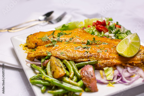 Fototapeta Naklejka Na Ścianę i Meble -  A view of a grilled fish plate, in a restaurant or kitchen setting.