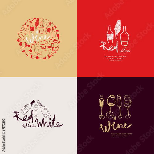 Wine shop vector logo design. Hand drawn wine emblem with bottle and wineglass illustration for homemade wine. Biodynamic wine culture icon, sign organic viticulture, winery insignia for wine label.