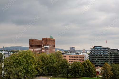 Norway. Oslo. Oslo City Hall, built of dark brick. September 18, 2018