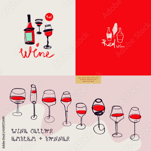 Photo Vector wine emblems for restaurant logo design, bar sign, local wine events with wine glass icons in trendy line style