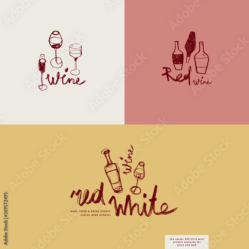 Bottle drawing for bar emblem and wine label design. Vector drafts of two wine glasses. Pencil texture for organic winery logo, wine tasting course badge, wines menu card on light pink background.