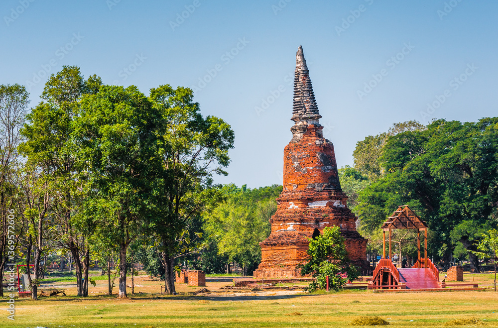 Pagoda at Ayutthaya Historical Park on a Sunny Day in Ayutthaya Province, Thailand. Architecture of Old Thai Capital City