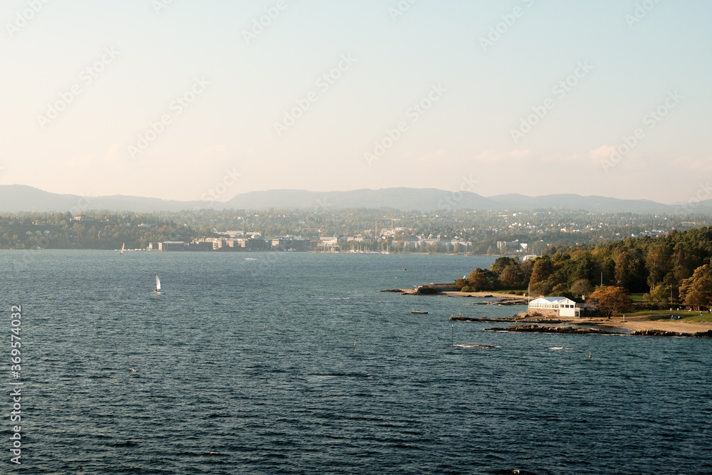 Norway. Oslo. View of the Oslo fjord from the ferry deck. September 18, 2018