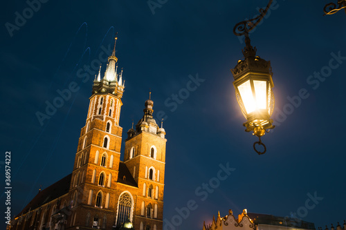 St.Mary's Church on the Krakow Market Square in night time, Poland.