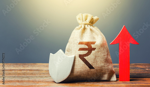 Canvas Print Indian rupee money bag with a shield and a red arrow up