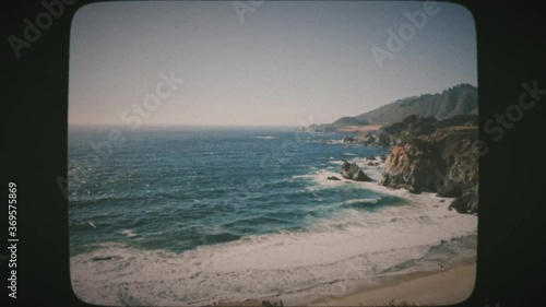 View of a beautiful Big Sur area from Highway One in California. Vintage Film Look. 