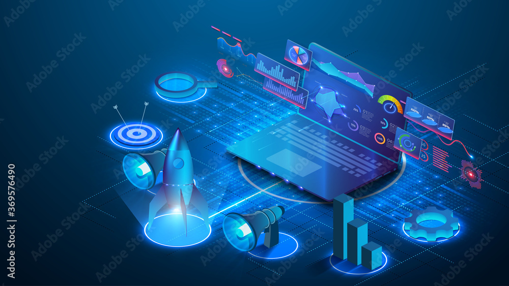 Investment strategies and process isometric web banner. Web page design templates collection of business solution and analysis, startup, innovative ideas, investment. Laptop with business  charts - obrazy, fototapety, plakaty 