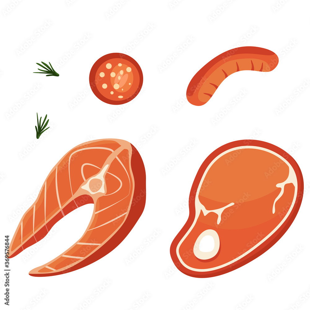 Sausage, steaks and rosemary on white isolated backdrop. Barbeque meat for invitation or gift card, notebook, grill bar logo, scrapbook. Phone case or cloth print. Flat style stock vector illustration Sausage, steaks and rosemary on white isolated backdrop. Barbeque meat for invitation or gift card, notebook, grill bar logo, scrapbook. Phone case or cloth print. Flat style stock vector illustration