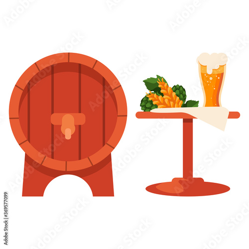 Hop cane and glass of beer on white isolated backdrop. Wooden keg for invitation or gift card, notebook, craft beer shop logo, scrapbook. Phone case or cloth print Flat style stock vector illustration