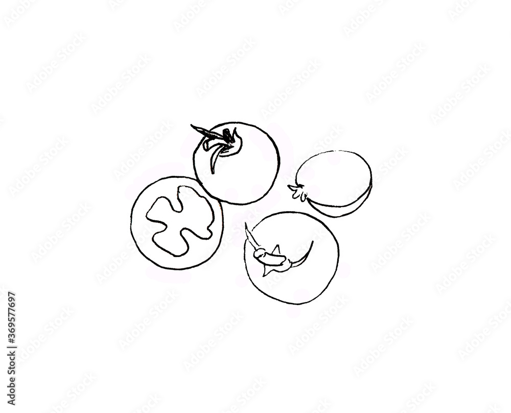 Obraz premium Cherry tomatoes, simple sketch Traditional hand drawing. Black outline isolated on a white background.