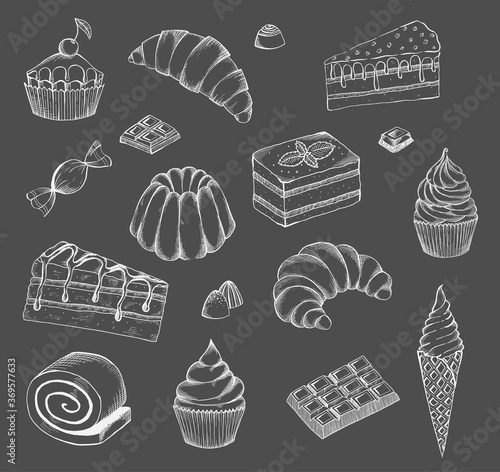 Hand drawn desserts vector set. Desserts bakery shop vector banner template. Hand drawn cakes bun, ice cream, chocolate and candies.