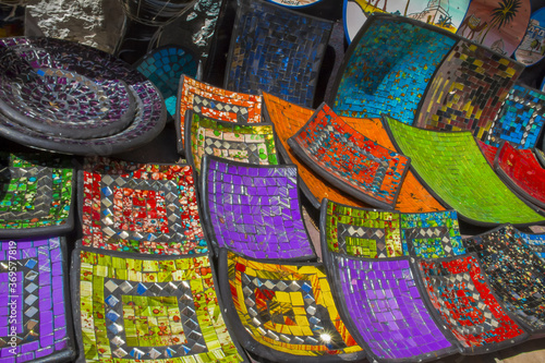 Closeup of colorful ceramic plates from a bazaar in Tunis, Tunisia