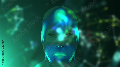 Abstract face and colored blur connection dots. Technology background. Network concept, 3D rendering