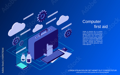 Computer service, repair, technical support, first aid flat 3d isometric vector concept illustration