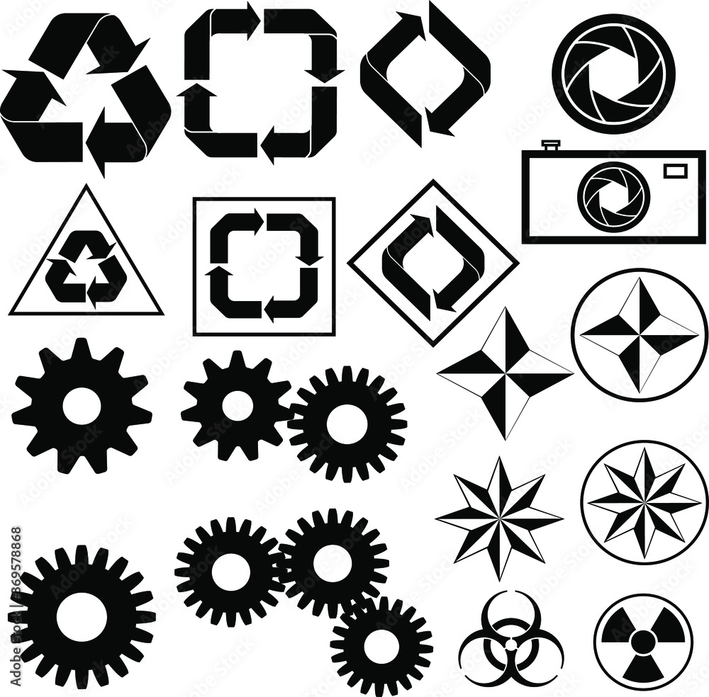 a set of symbols of gears, circular arrows, a photo lens and signs of chemical and radiation hazard
a set of symbols of gears, circular arrows, a photo lens and signs of chemical and radiation hazard