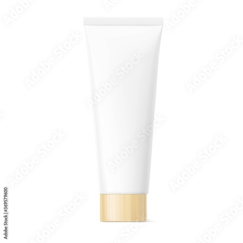 Blank plastic tube with wooden cap. Front view. Mockup for your design. Vector illustration isolated on white background.  Сan be used for healthcare, medical and other needs. EPS10. 