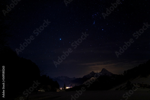 nightscape  night full of stars  sirius and orion over the church of Maria Gern  Berchtesgaden  Bavaria  Germany