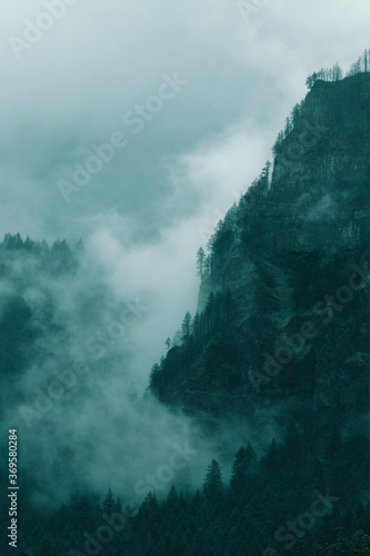 Dramatic dark, mysterious, and moody mountains in the foggy Pacific Northwest  © Tabor Chichakly