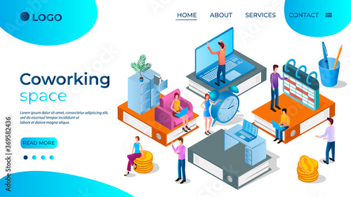 Coworking space.Business space for office workers.Freelance and collaborative work.Symbol for the distribution of roles in the team.Teamwork and time management.Flat isometric illustration.