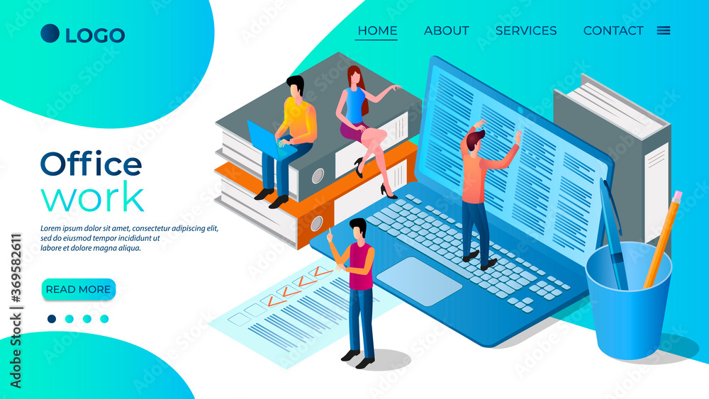 Office work.A group of office workers working in an office.Teamwork and team spirit.The concept of a friendly team.The template of the landing page.Isometric vector illustration.
