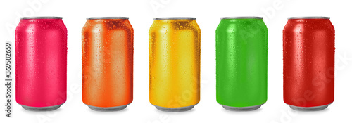 Set with aluminium drink cans in different colors on white background. Banner design