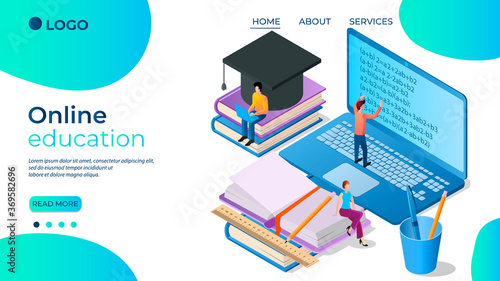Online education.The concept of an educational web seminar.Organization of Internet classes.Online classes and distance learning.The template of the landing page.Isometric vector illustration.