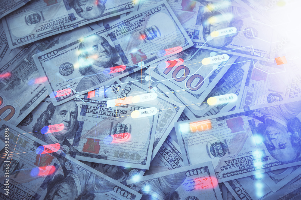 Double exposure of data theme drawing over us dollars bill background. Technology concept. Double exposure of data theme drawing over us dollars bill background. Technology concept.
