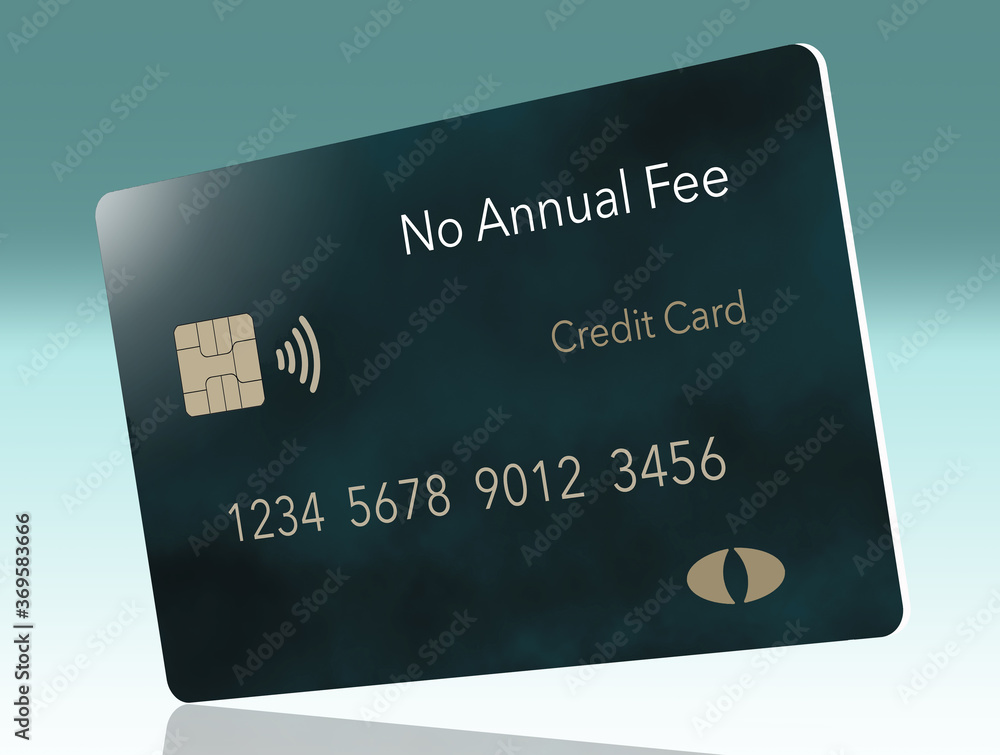 Here is a no annual fee credit card with a design of very dark green and blue clouds and it is isolated on a grey background. Here is a no annual fee credit card with a design of very dark green and blue clouds and it is isolated on a grey background.