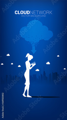 Silhouette of woman with mobile phone with Cloud technology with city background. Concept of cloud server, Storage and data transformation.
