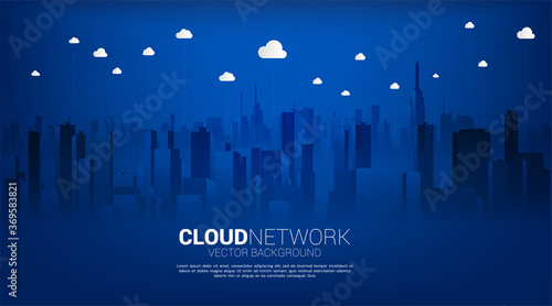 Cloud technology with city background. Concept of cloud server, Storage and data transformation.