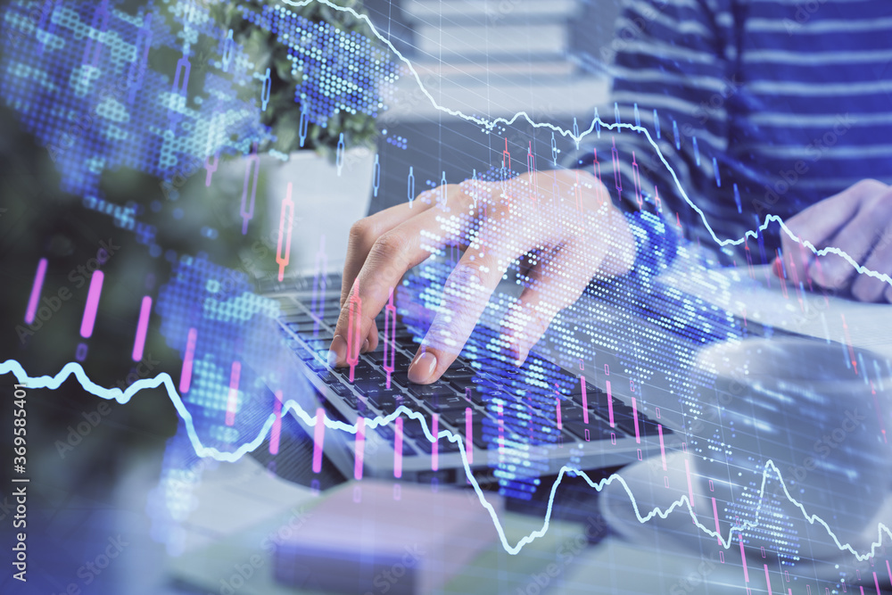 Double exposure of woman hands typing on computer and forex chart hologram drawing. Stock market invest concept. Double exposure of woman hands typing on computer and forex chart hologram drawing. Stock market invest concept.