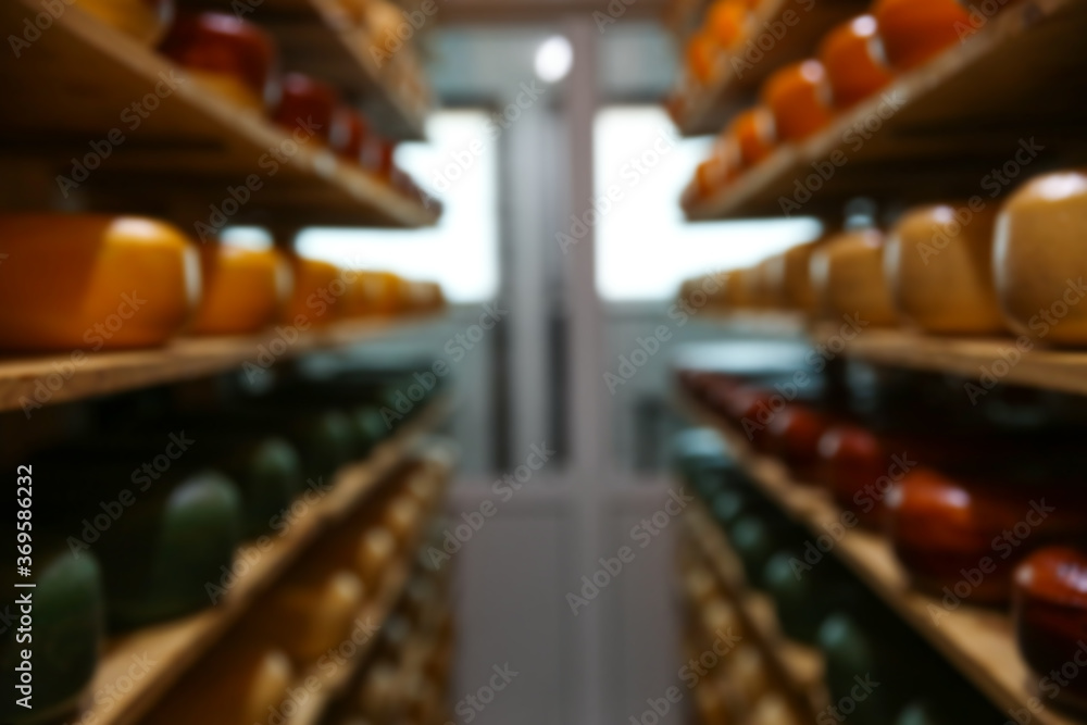 Blurred view of factory warehouse with fresh cheese heads on racks Blurred view of factory warehouse with fresh cheese heads on racks