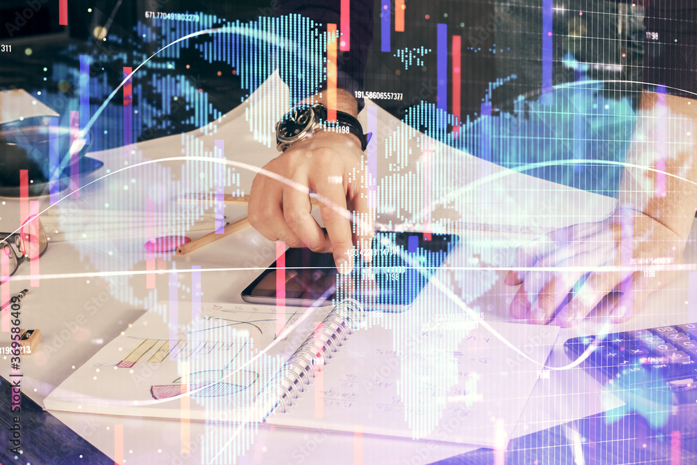 Double exposure of man's hands holding and using a phone and international business theme drawing. Double exposure of man's hands holding and using a phone and international business theme drawing.